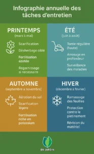 Infographie annuel des tâches d'entretien, illustration. entretenir efficacement sa pelouse